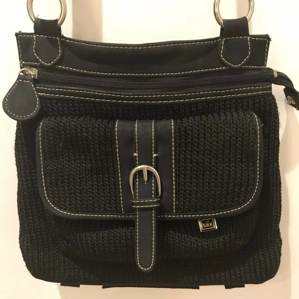 The Sak Black Crochet Leather Trim Crossbody Bag